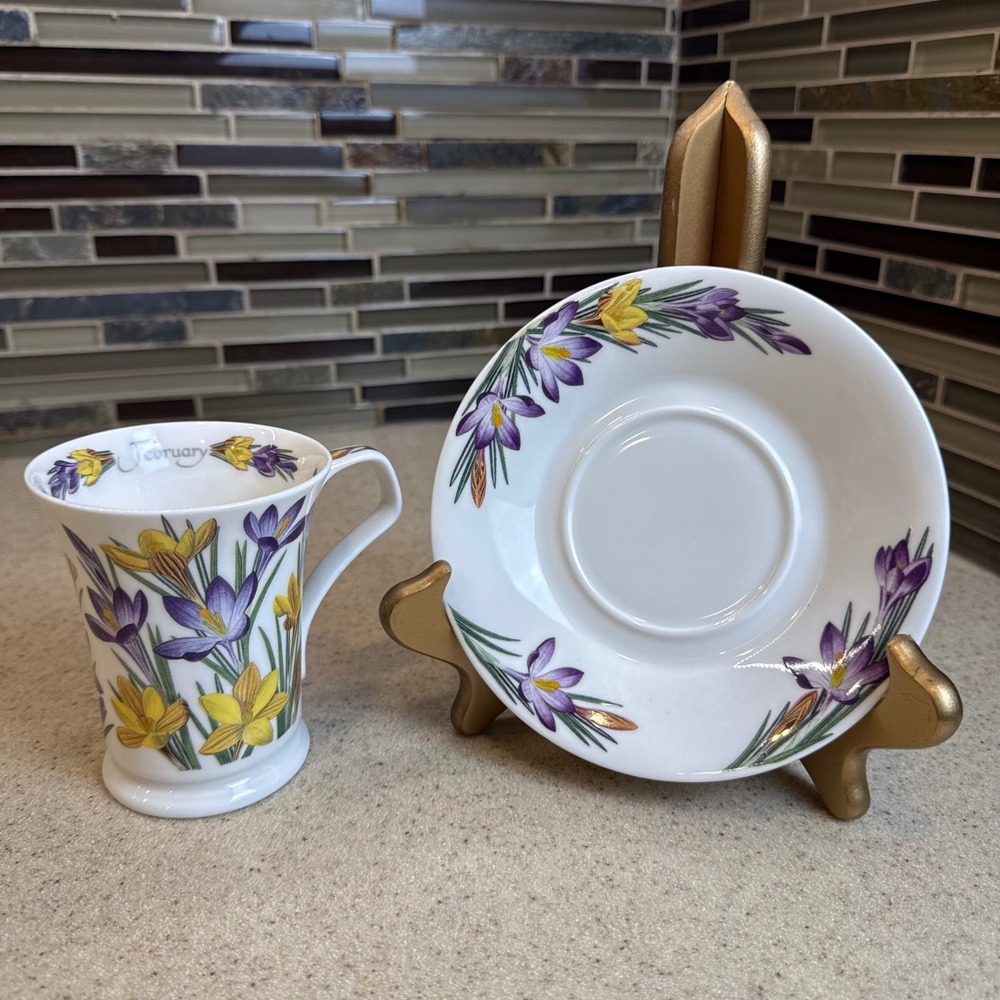 Dunoon February Crocus Flower of the Month Cup‎ Saucer Set Kathy Pickles England